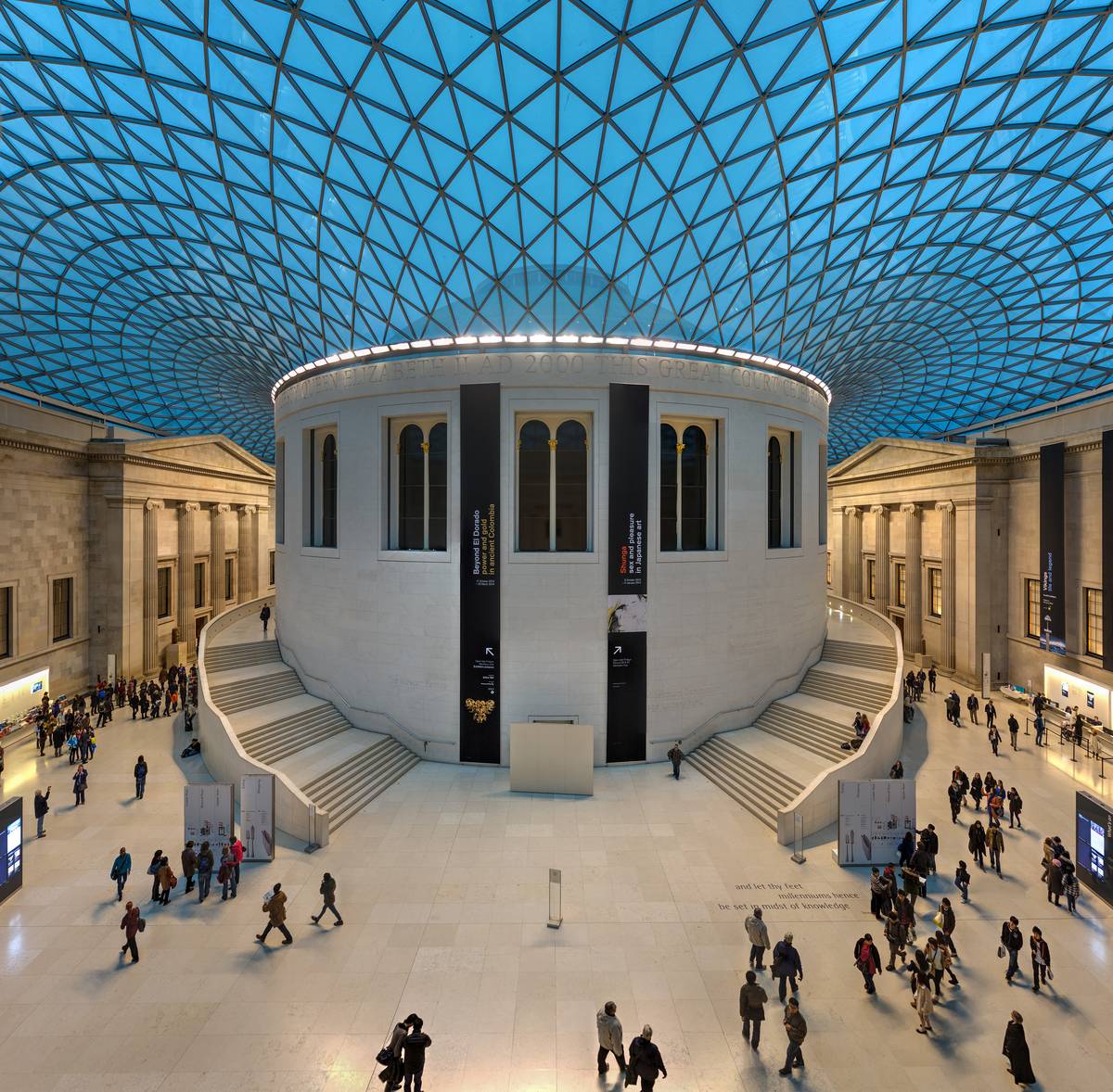 The glass-roofed Great Court of the British Museum around the round Reading Room.