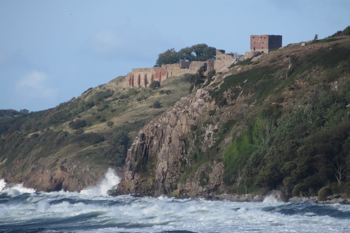 The ruins of Hammershus castle on a clifftop above the sea on Bornholm, Denmark.